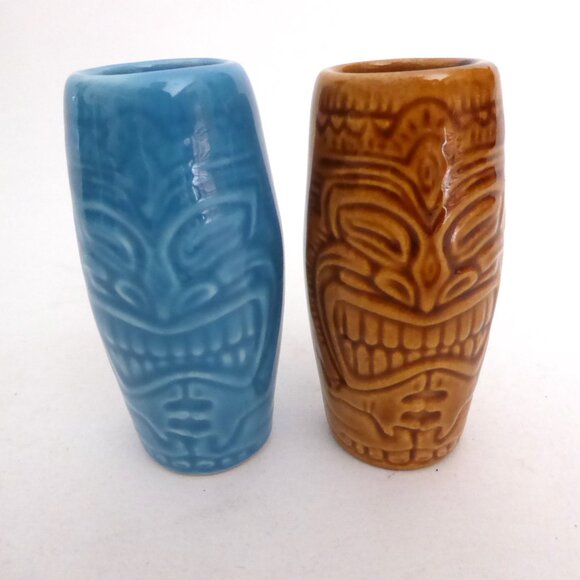 NEW VINTAGE MAORI MOAI TOTEM BLUE & BROWN CERAMIC TIKI MUG & SHOT LOT OF 4 - Picture 8 of 11